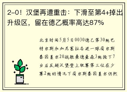 2-0！汉堡再遭重击：下滑至第4+掉出升级区，留在德乙概率高达87%